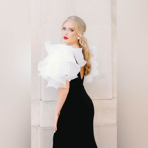 Velvet Gown with Shoulder Ruffle Detail - Picture 4 of 5